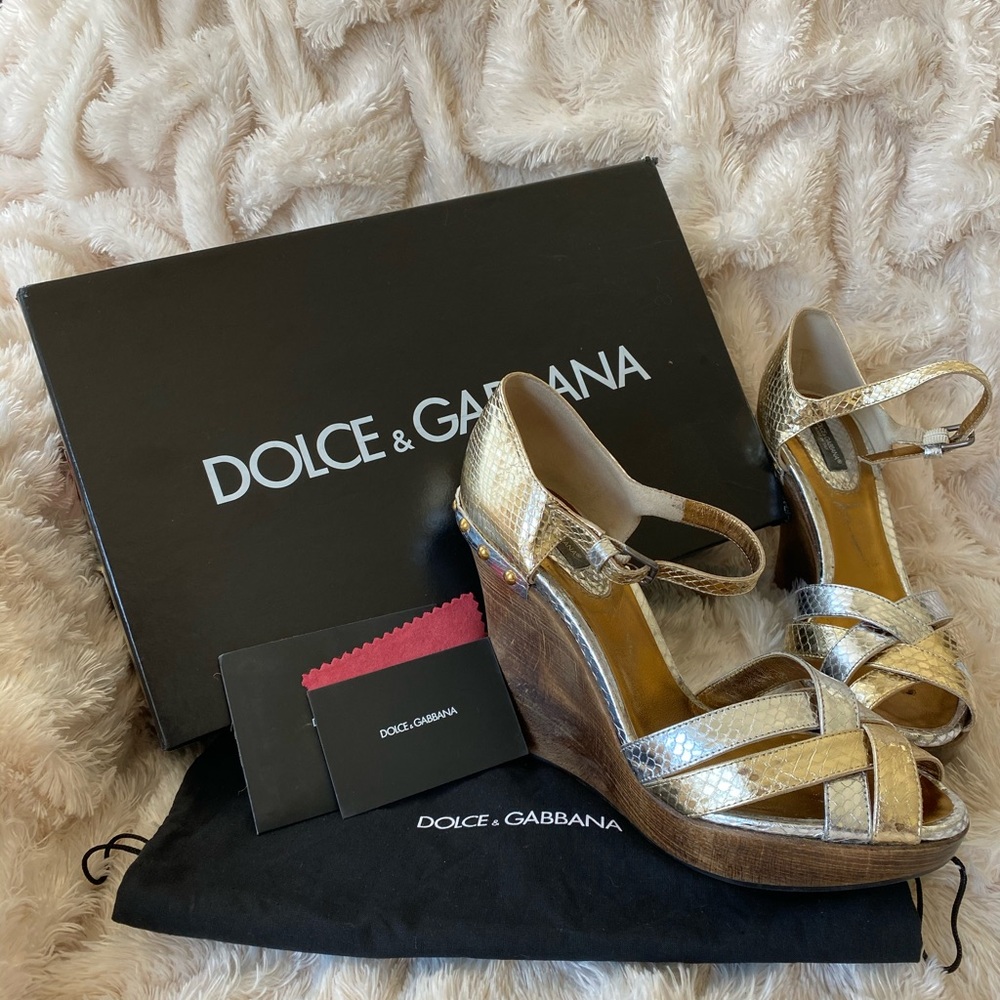 DOLCE GABBANA Wooden Leather Metallic Wedges Heels